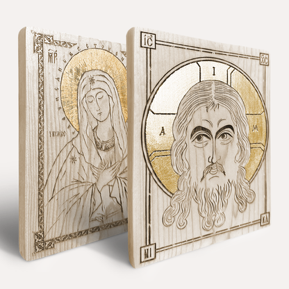 Christ & Theotokos Pair | Engraved Wood Orthodox Icons